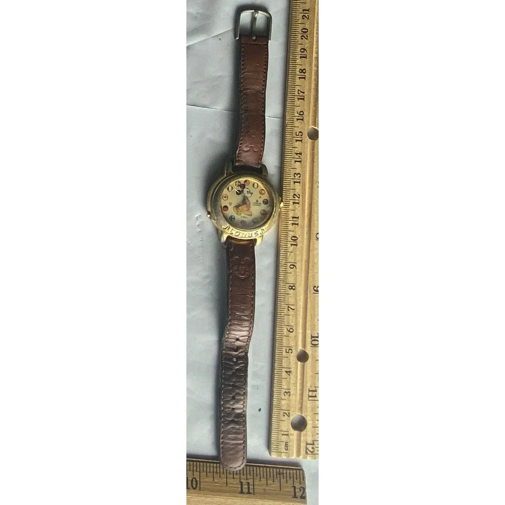 Disney Mickey Mouse Gold Tone Case Brown Leather Band Quartz Watch
